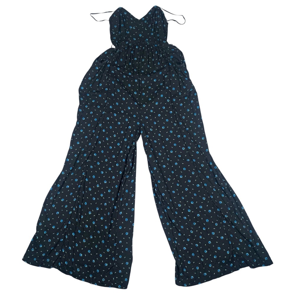 Free People Jumpsuit Womens XS Black Blue Floral Wide Leg Smocked Boho